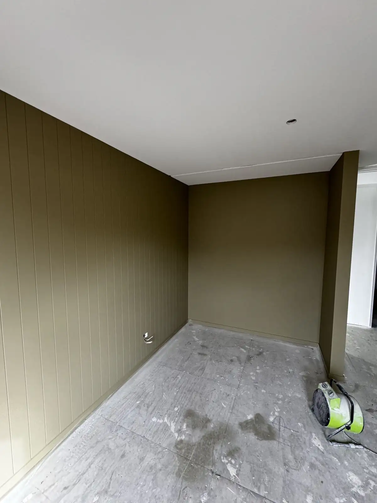 Freshly coated olive walls with the floors still bare and protected