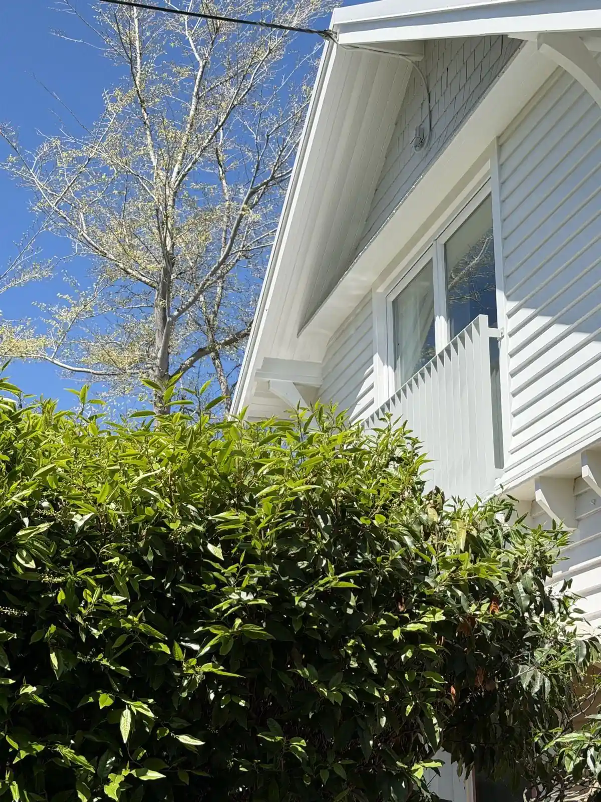 Upper storey and eaves seen from the driveway
