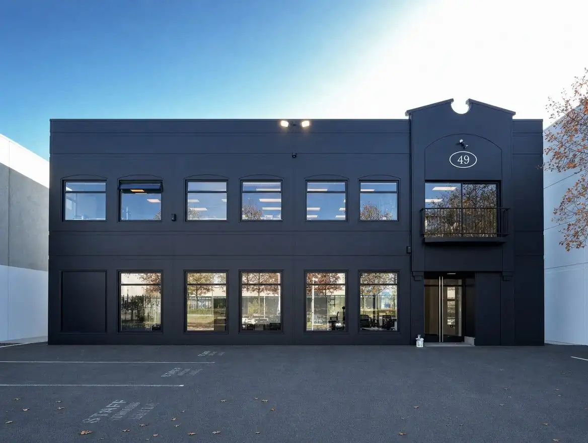 Two-storey commercial building repainted in black, Christchurch
