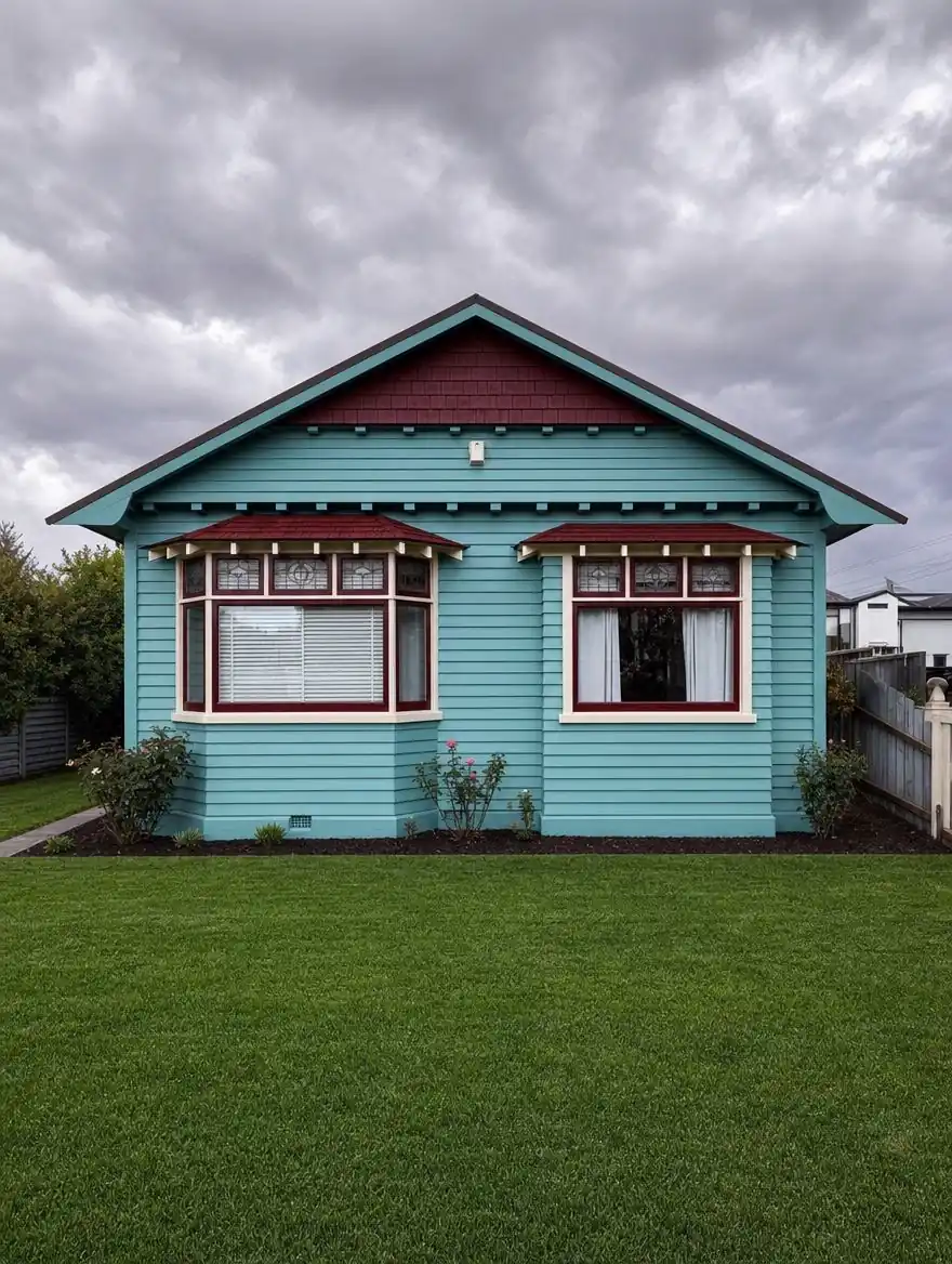 Teal weatherboard bungalow with a gabled roof and deep red trims